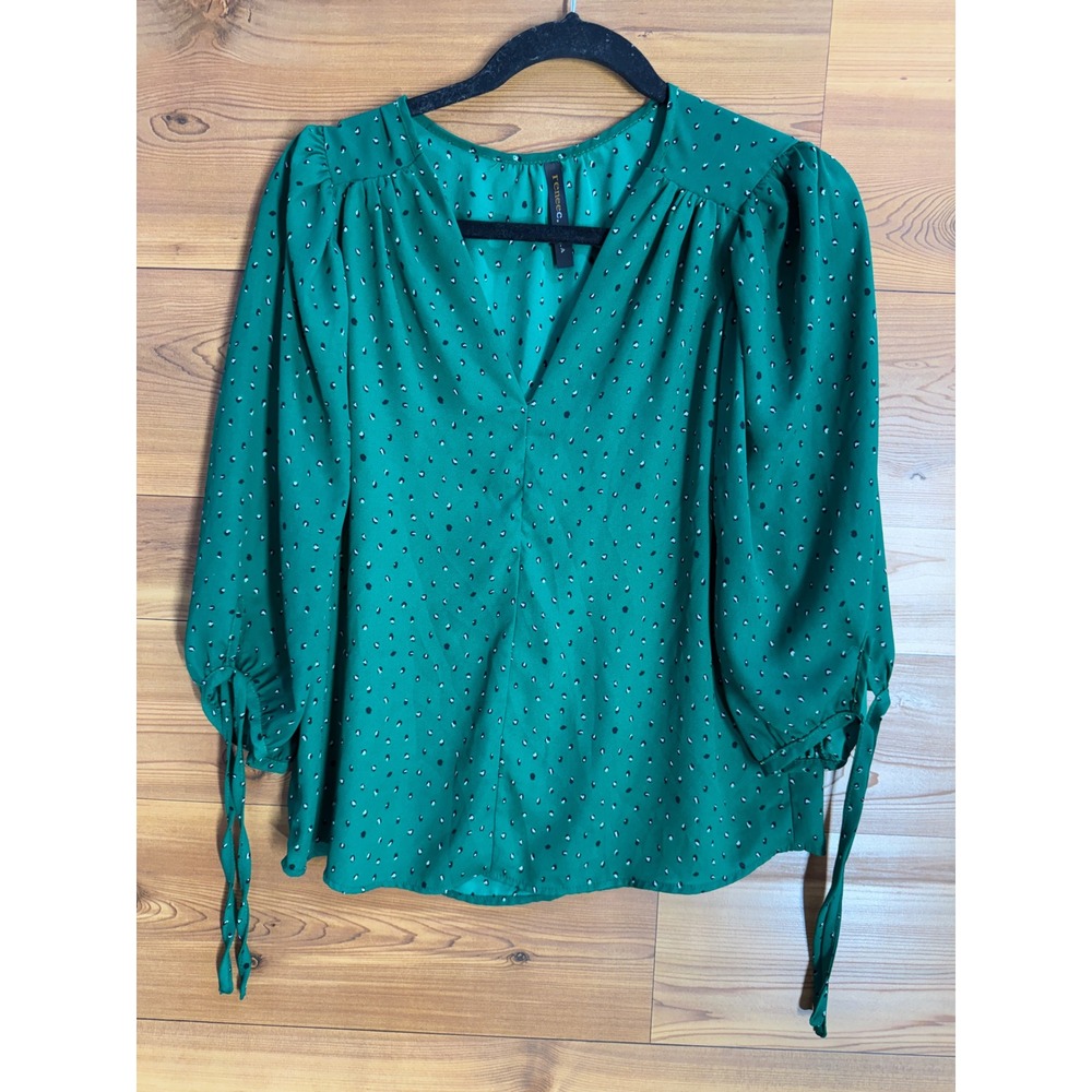 Reneec. USA Green Abstract Polka Dot V-Neck Puff Sleeve Blouse Small